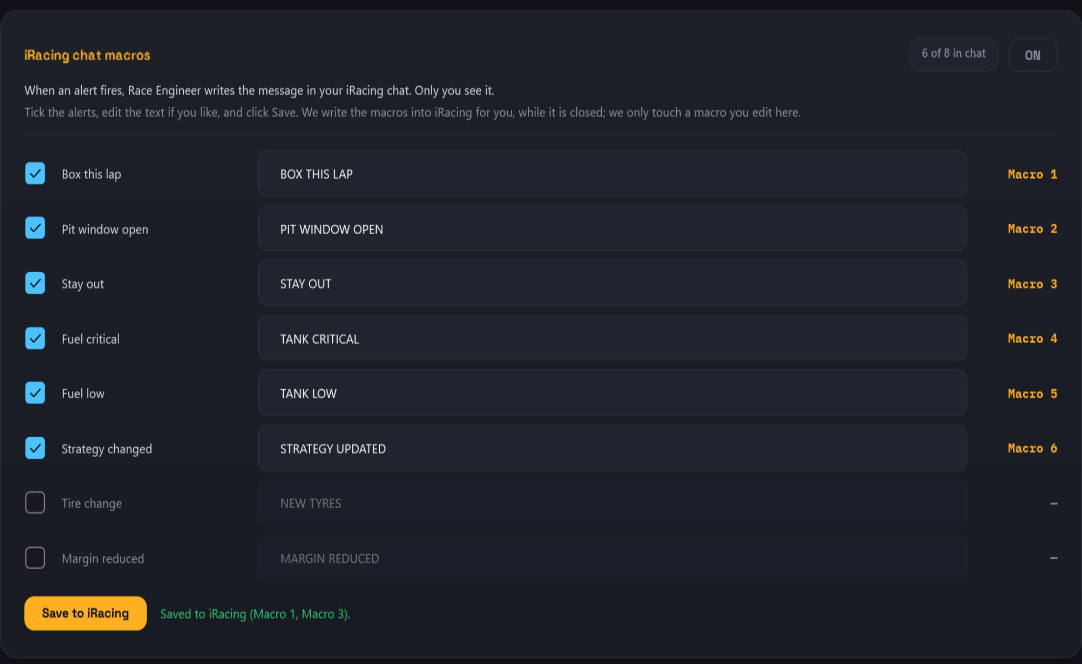 Race Engineer's chat macros settings: each alert with a checkbox, its chat text and the iRacing macro it uses, and a Save to iRacing button.