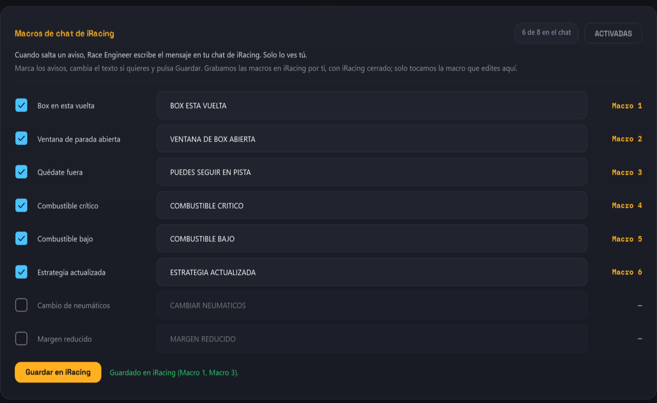 Race Engineer's chat macros settings: each alert with a checkbox, its chat text and the iRacing macro it uses, and a Save to iRacing button.
