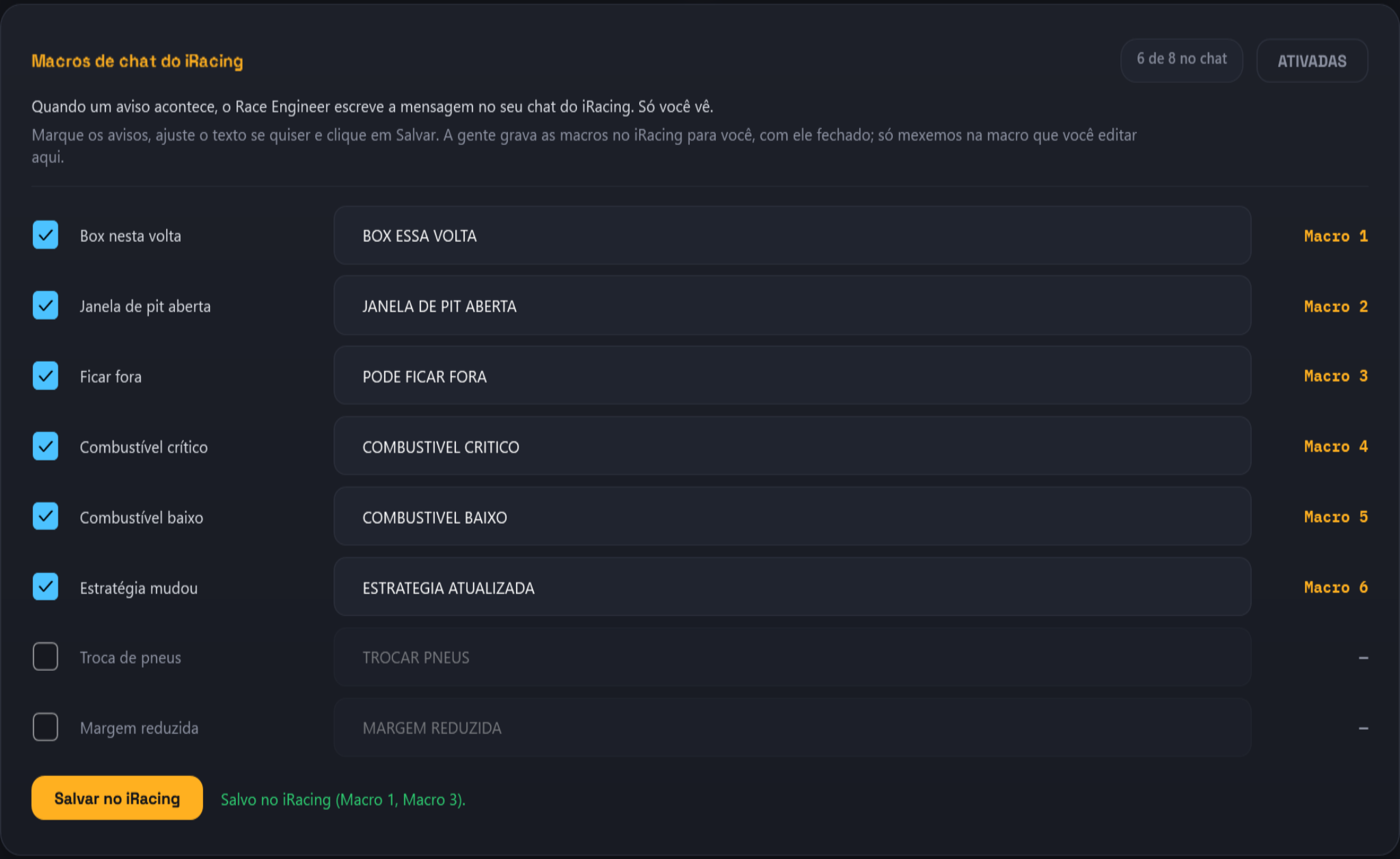 Race Engineer's chat macros settings: each alert with a checkbox, its chat text and the iRacing macro it uses, and a Save to iRacing button.