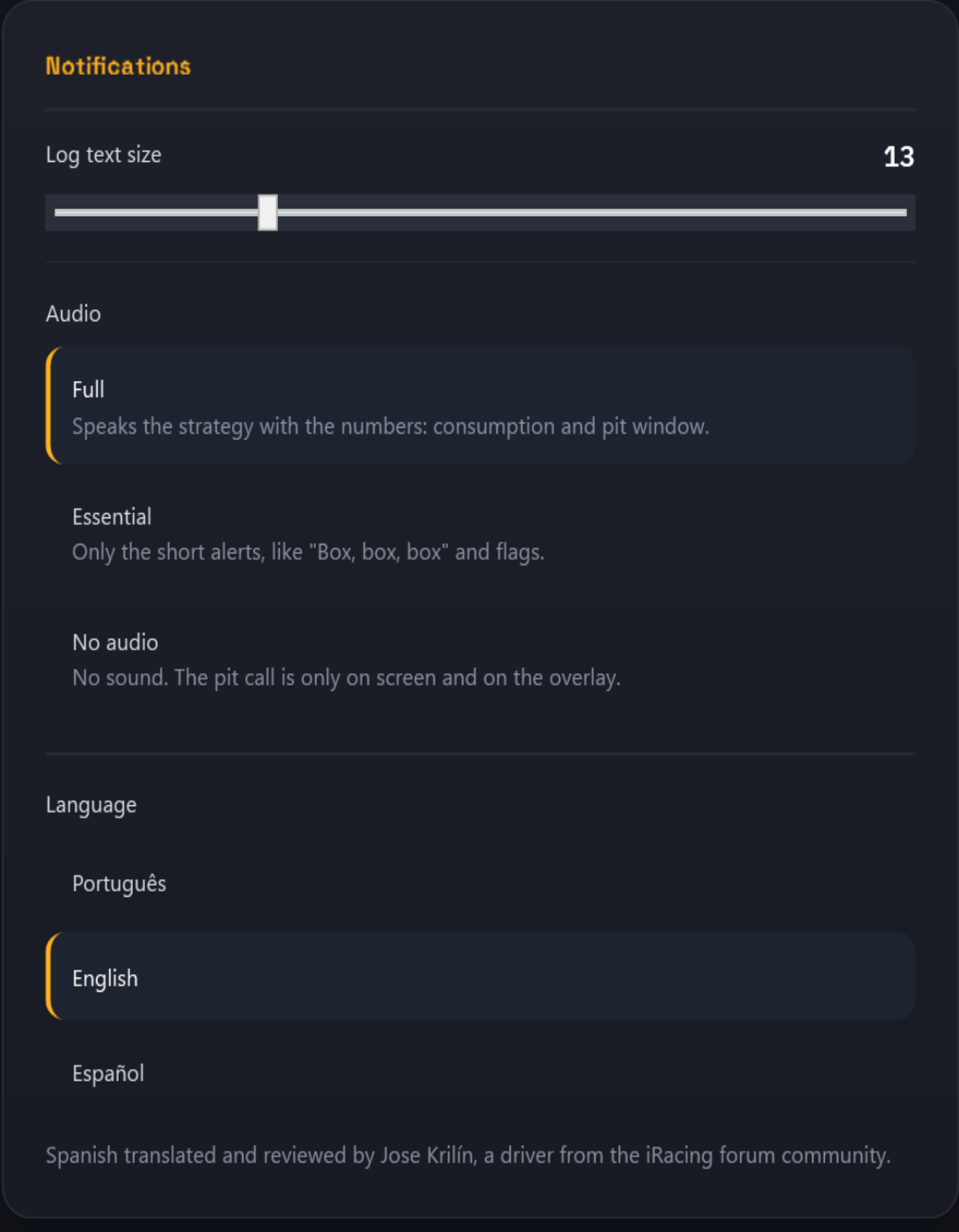 Race Engineer's Notifications settings: the audio level (Full, Essential or No audio) above the language list (Português, English, Español).