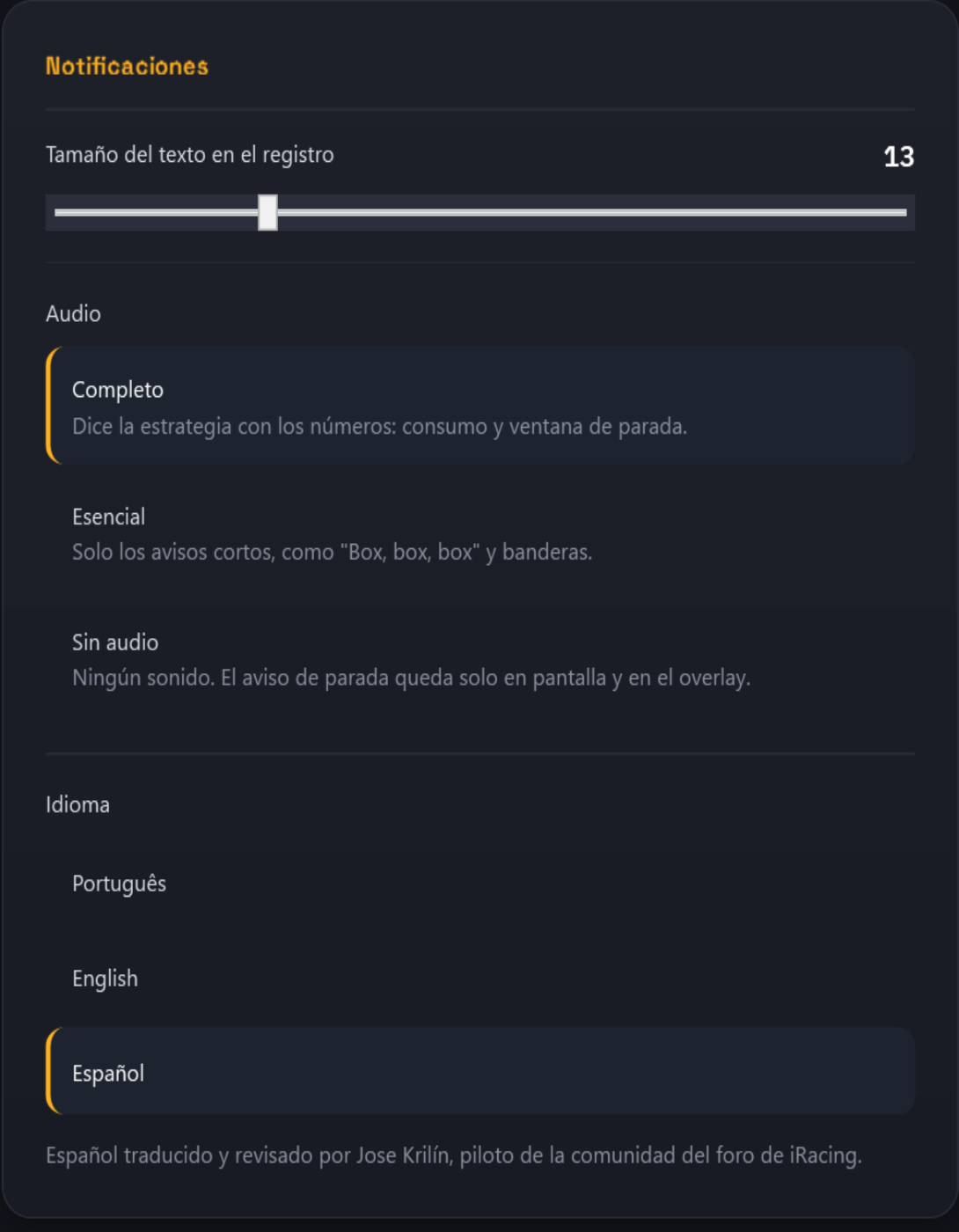 Race Engineer's Notifications settings: the audio level (Full, Essential or No audio) above the language list (Português, English, Español).