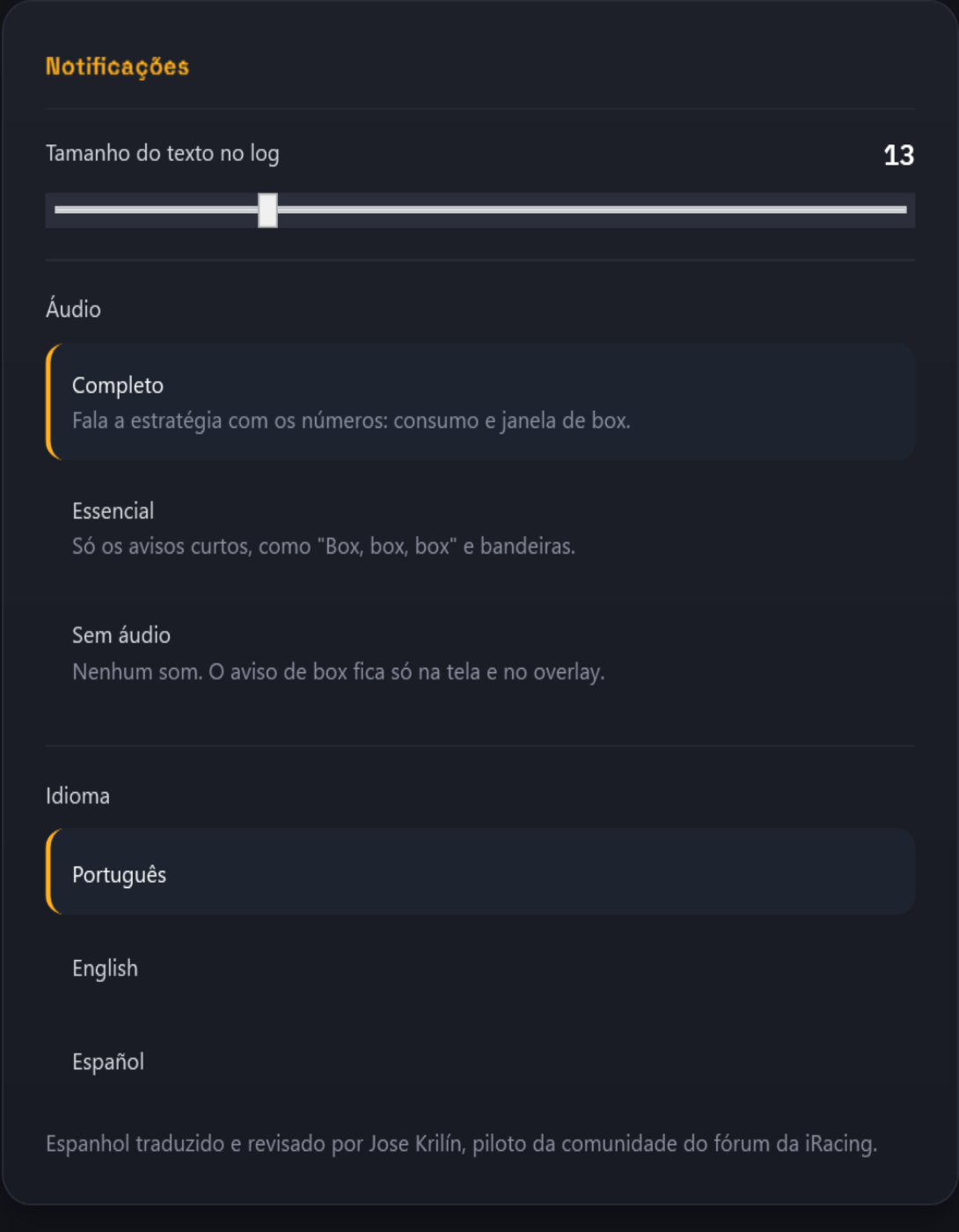 Race Engineer's Notifications settings: the audio level (Full, Essential or No audio) above the language list (Português, English, Español).