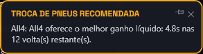 Race Engineer's tire-change overlay reading 'Troca de pneus recomendada' (tire change recommended), naming which corners to change and the net time benefit, UI shown in Portuguese.